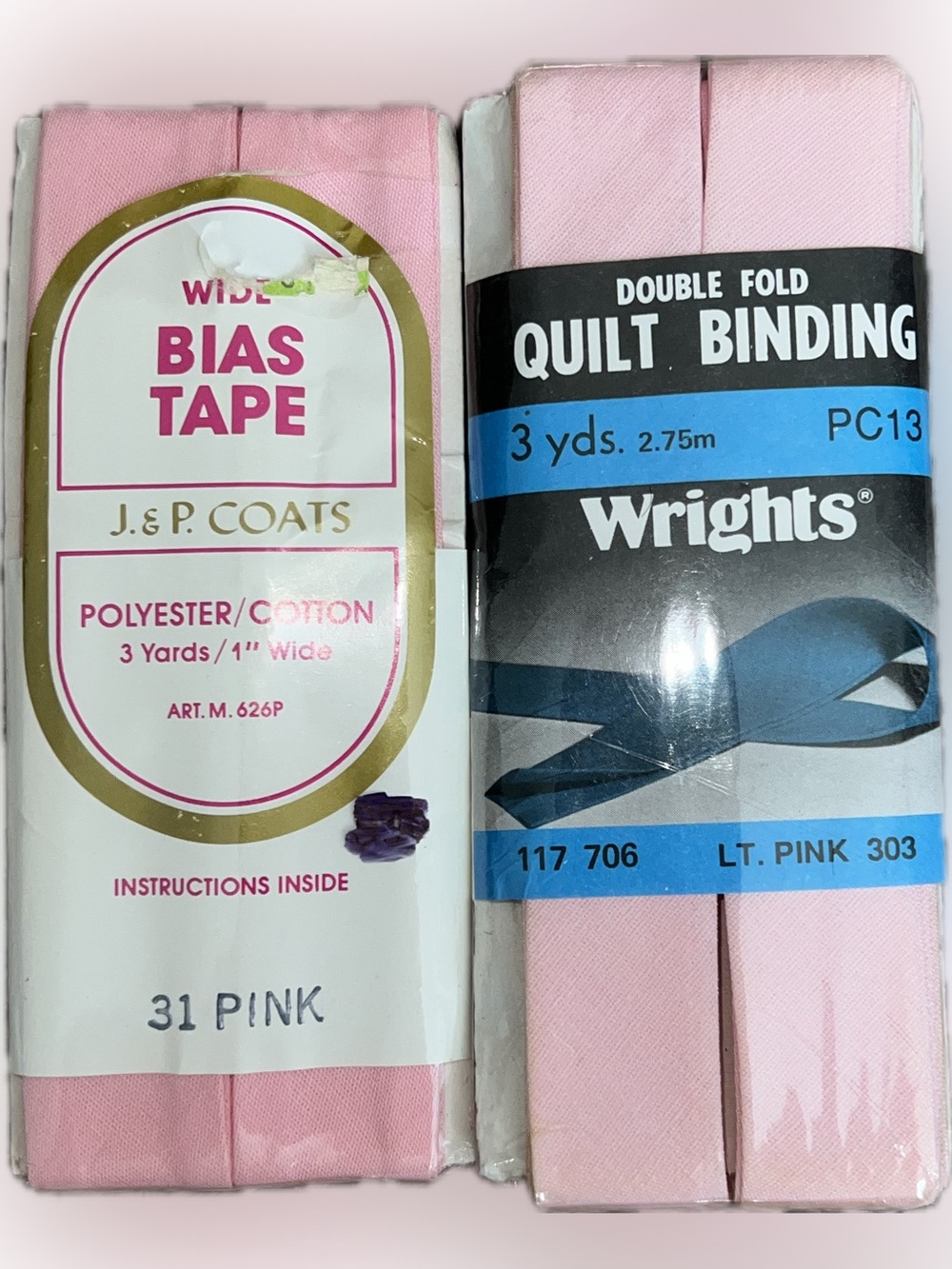 Vintage New J. & P. Coats Wright Wide Bias Tape 3 Yards Pink 2 Packs Sewing